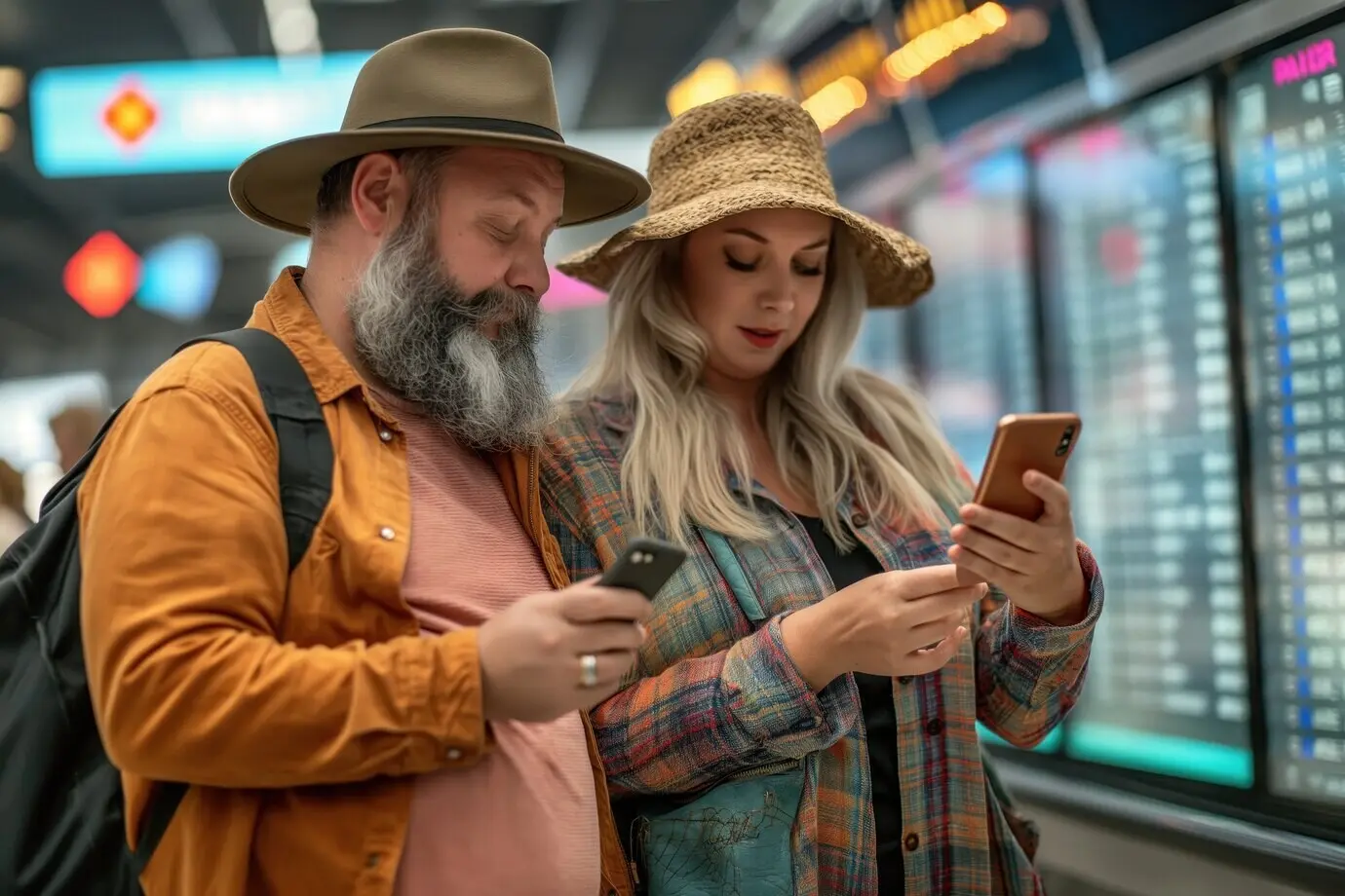 Retrato de una pareja con sobrepeso que viaja por el mundo para el Día Mundial del Turismo.